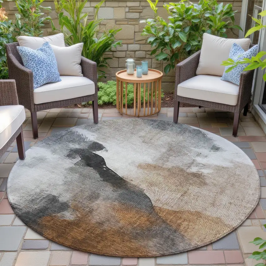 8' Rust And Charcoal Round Abstract Washable Indoor Outdoor Area Rug Photo 4