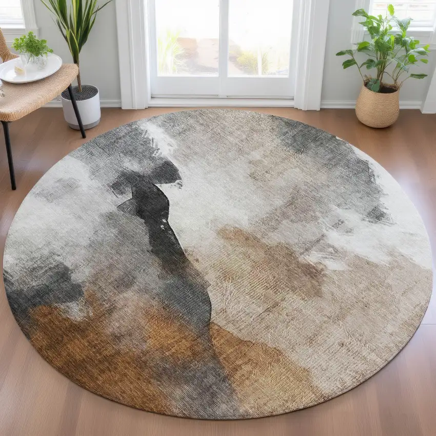 8' Rust And Charcoal Round Abstract Washable Indoor Outdoor Area Rug Photo 5