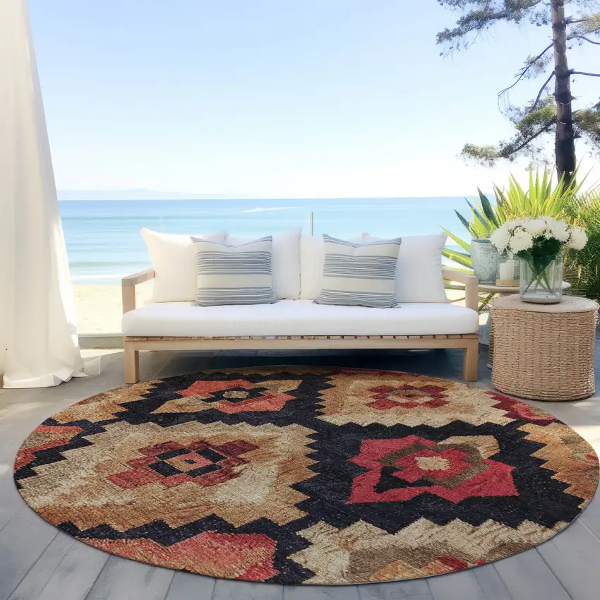 8' Rust And Charcoal Round Aztec Washable Indoor Outdoor Area Rug Photo 5