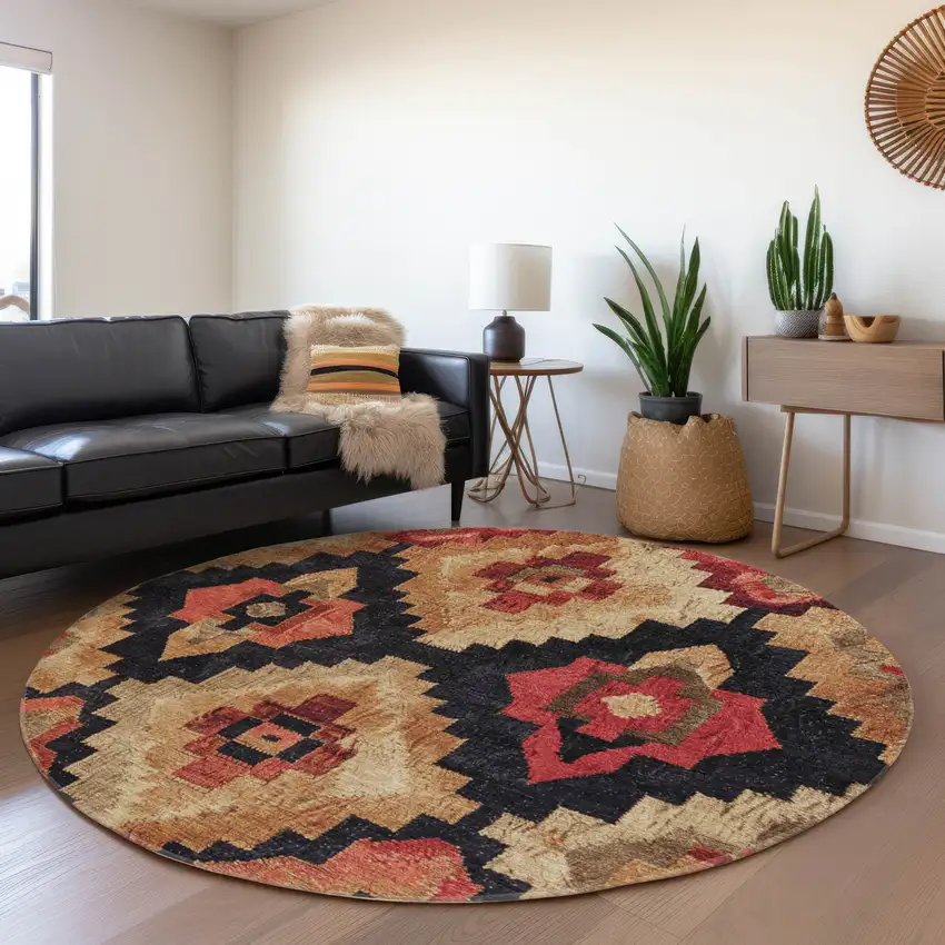 8' Rust And Charcoal Round Aztec Washable Indoor Outdoor Area Rug Photo 6
