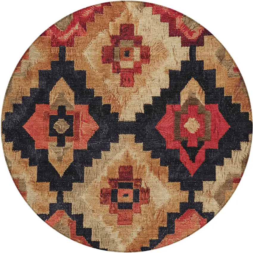 8' Rust And Charcoal Round Aztec Washable Indoor Outdoor Area Rug Photo 1