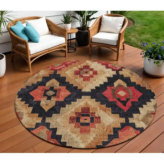 8' Rust And Charcoal Round Aztec Washable Indoor Outdoor Area Rug Photo 2