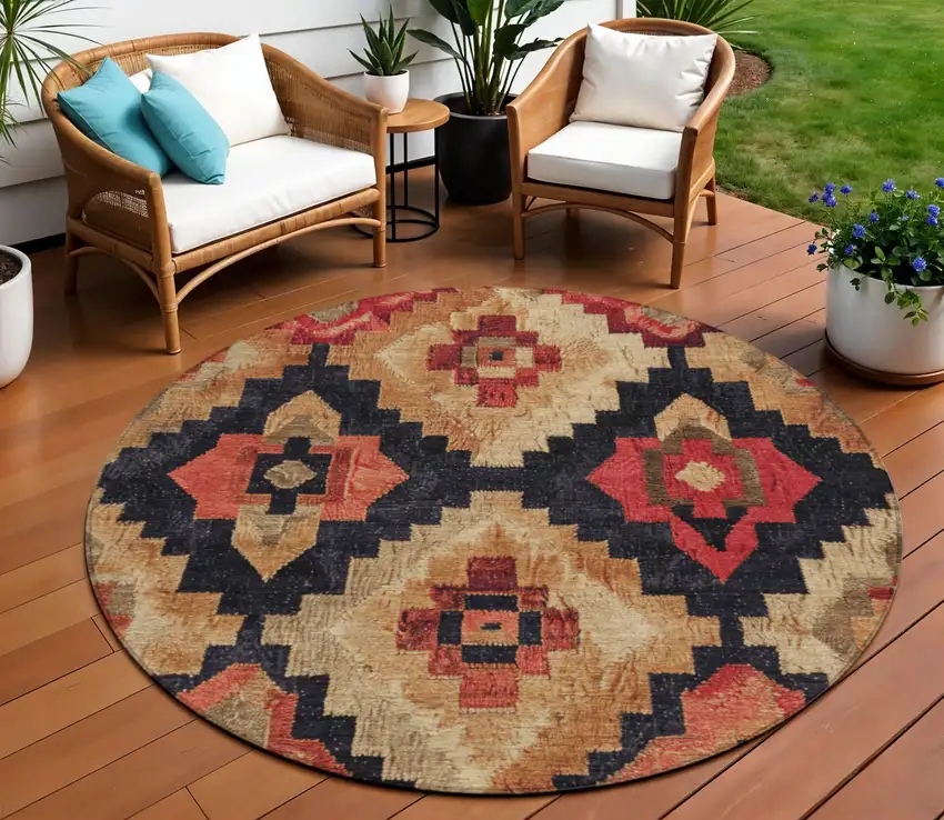 8' Rust And Charcoal Round Aztec Washable Indoor Outdoor Area Rug Photo 2