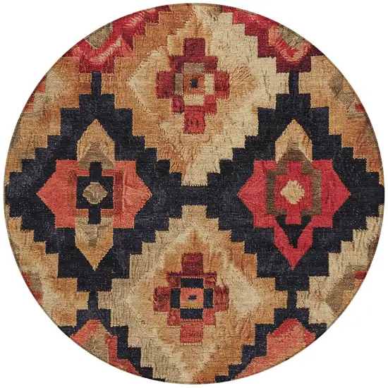 8' Rust And Charcoal Round Aztec Washable Indoor Outdoor Area Rug Photo 3