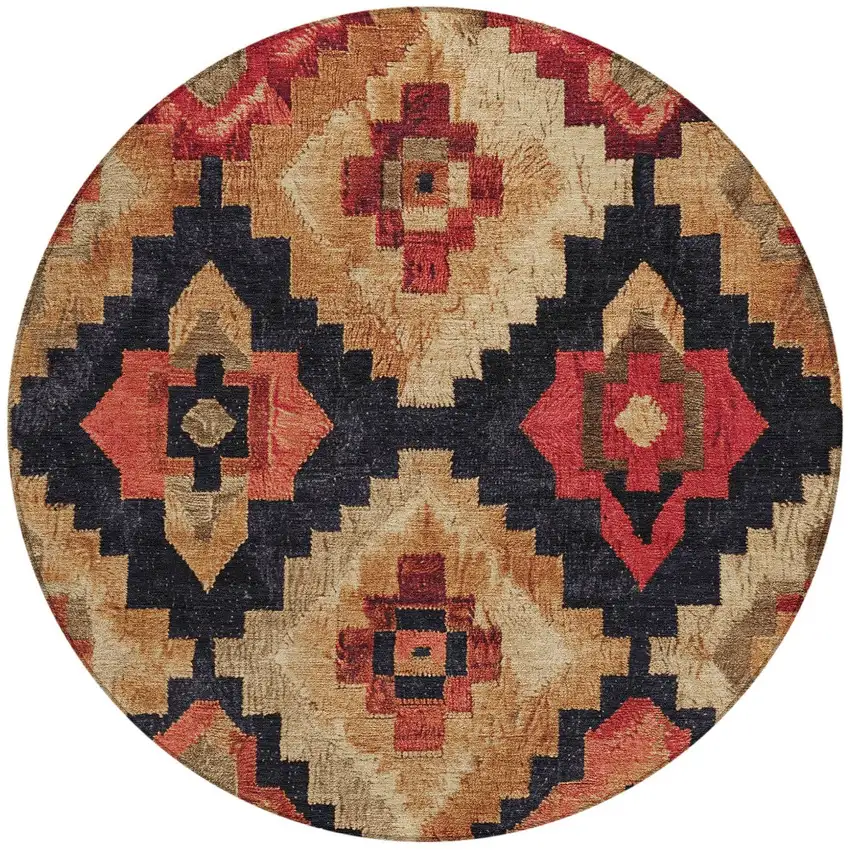 8' Rust And Charcoal Round Aztec Washable Indoor Outdoor Area Rug Photo 3
