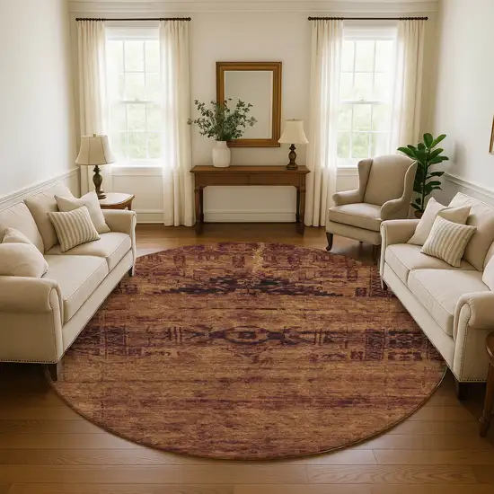 8' Rust And Chocolate Oriental Washable Round Rug With UV Protection Photo 4