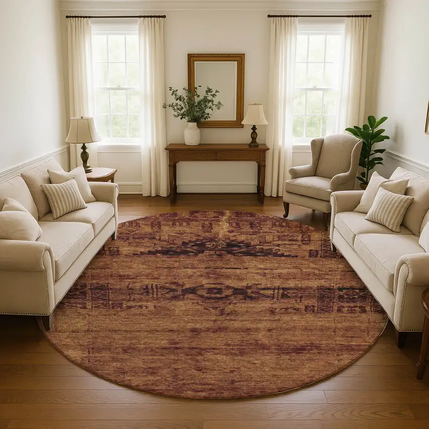 8' Rust And Chocolate Oriental Washable Round Rug With UV Protection Photo 4