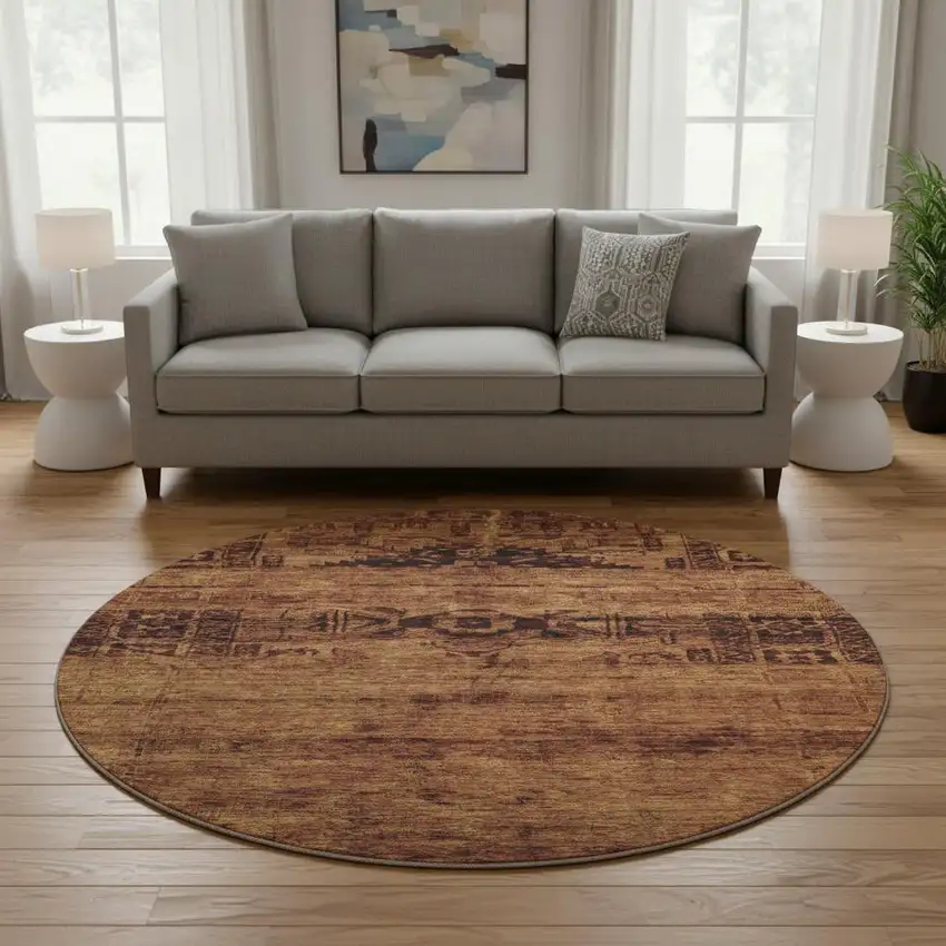 8' Rust And Chocolate Oriental Washable Round Rug With UV Protection Photo 2