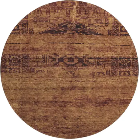 8' Rust And Chocolate Oriental Washable Round Rug With UV Protection Photo 1