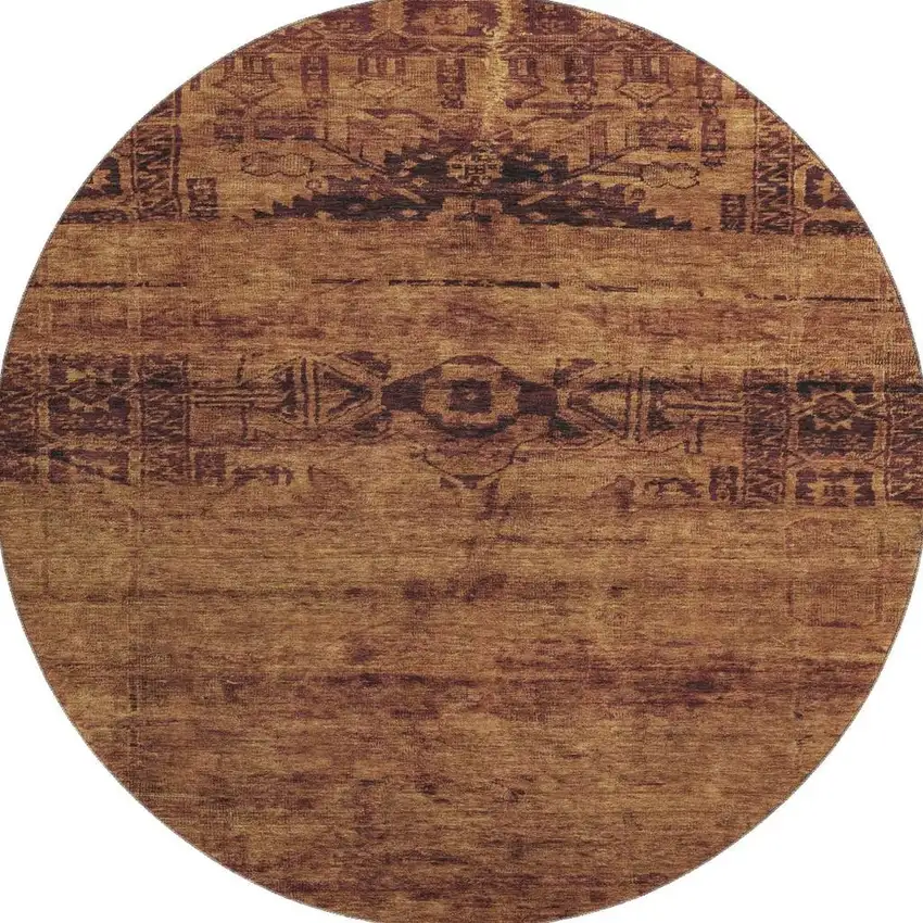 8' Rust And Chocolate Oriental Washable Round Rug With UV Protection Photo 2