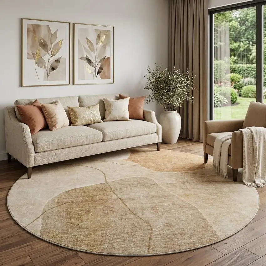 8' Rust And Copper Abstract Washable Round Rug With UV Protection Photo 1