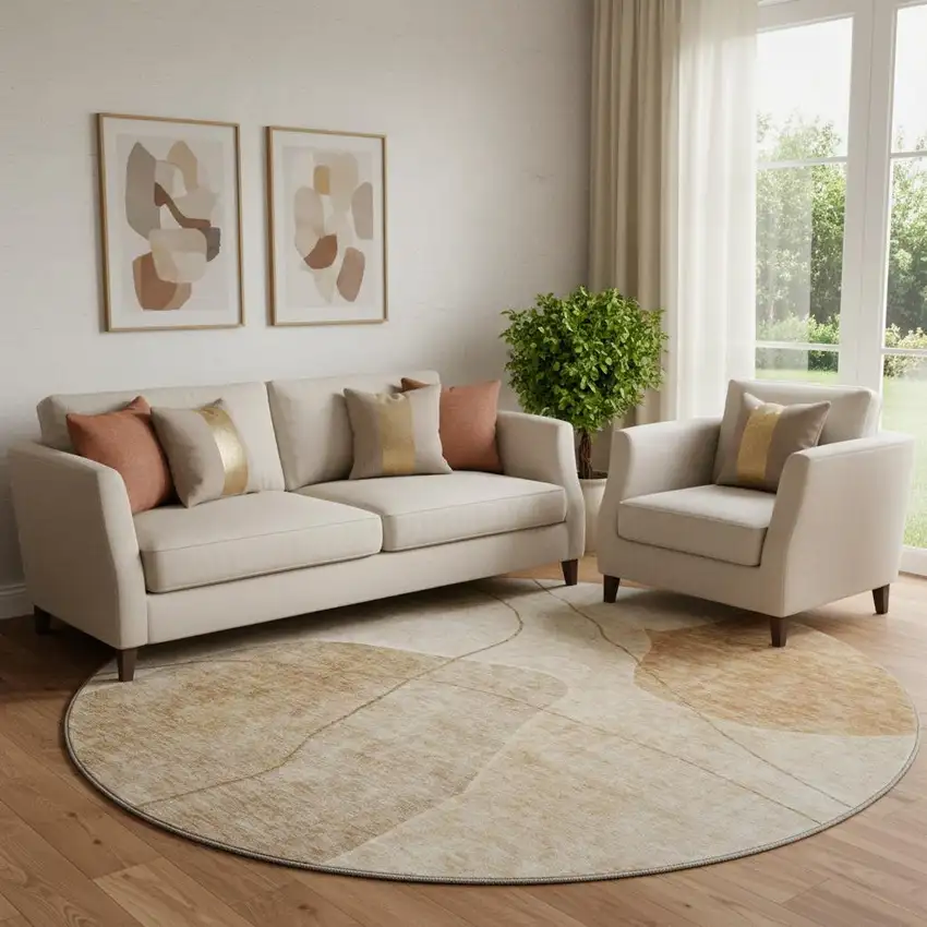 8' Rust And Copper Abstract Washable Round Rug With UV Protection Photo 1