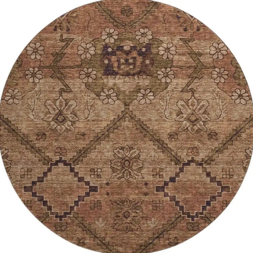 8' Rust And Copper Floral Washable Round Rug With UV Protection Photo 4