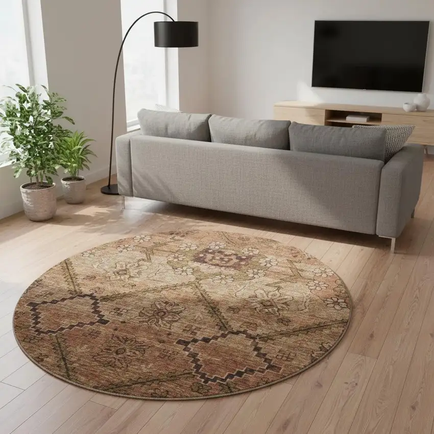 8' Rust And Copper Floral Washable Round Rug With UV Protection Photo 2