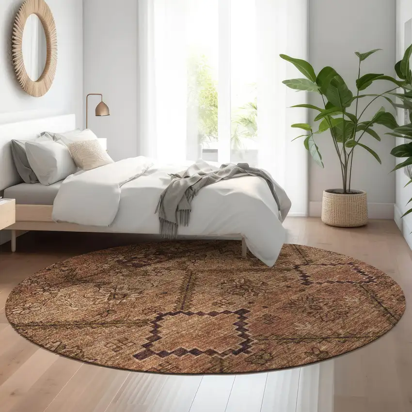 8' Rust And Copper Floral Washable Round Rug With UV Protection Photo 5