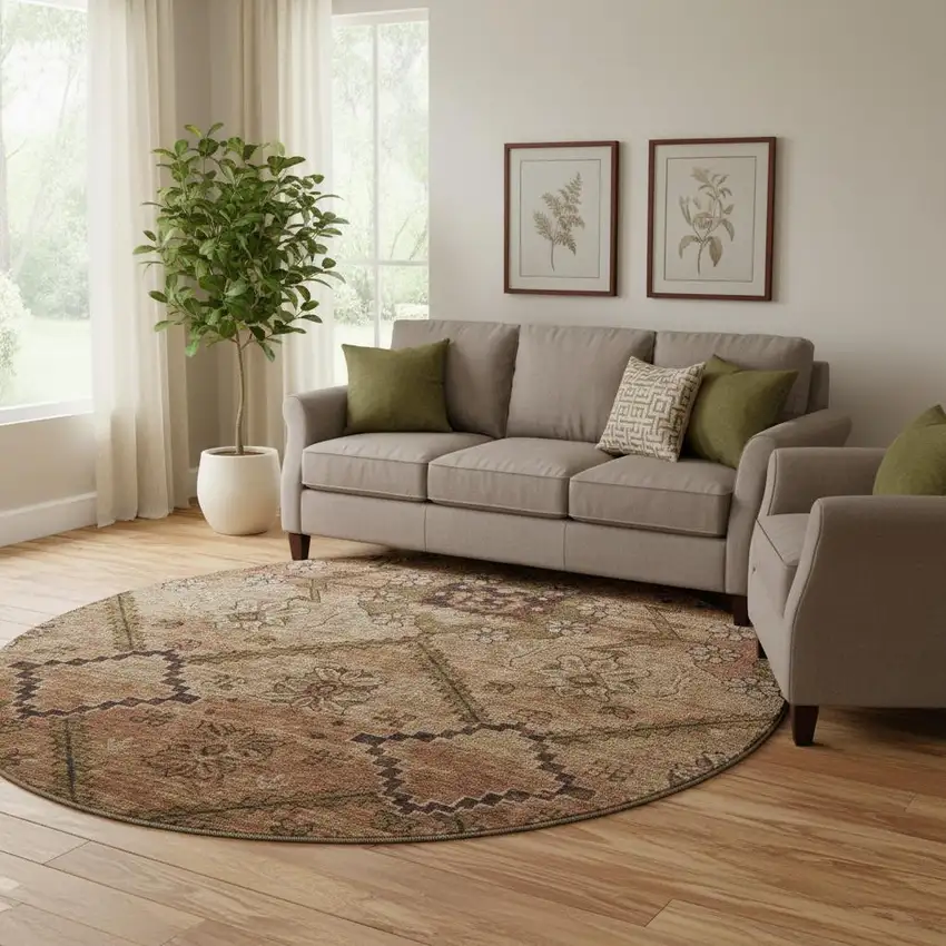 8' Rust And Copper Floral Washable Round Rug With UV Protection Photo 1