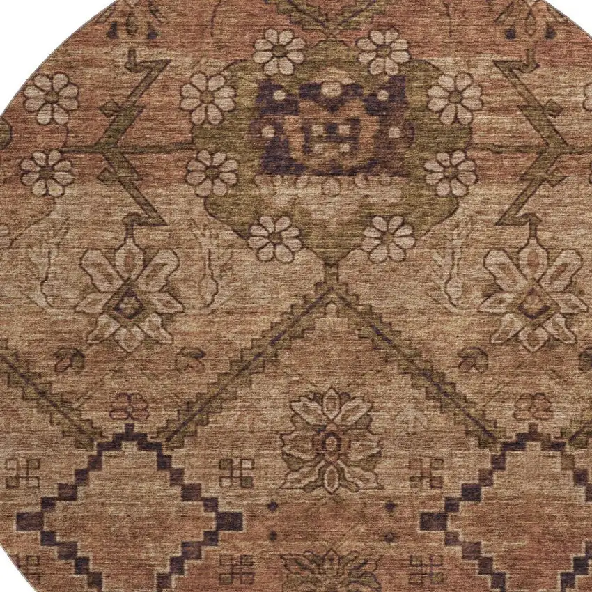 8' Rust And Copper Floral Washable Round Rug With UV Protection Photo 3