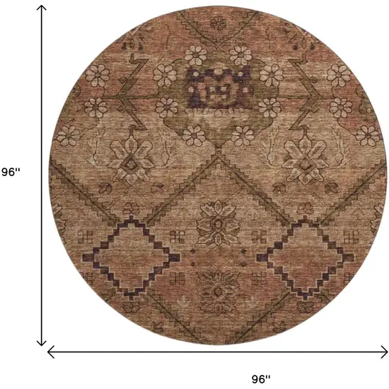8' Rust And Copper Floral Washable Round Rug With UV Protection Photo 3