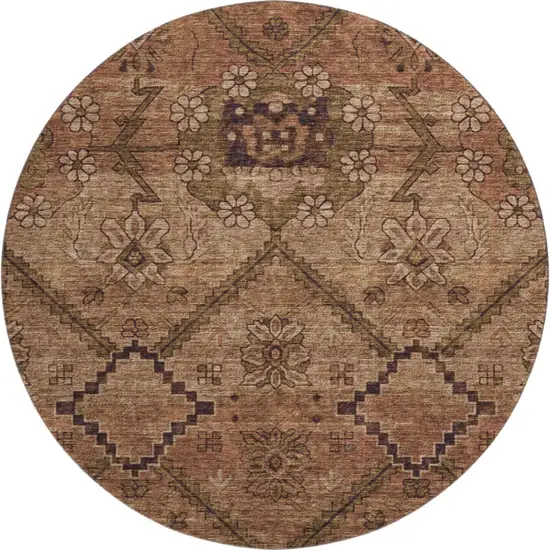 8' Rust And Copper Floral Washable Round Rug With UV Protection Photo 1