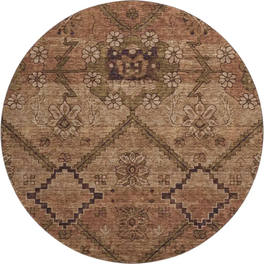 8' Rust And Copper Floral Washable Round Rug With UV Protection Photo 1