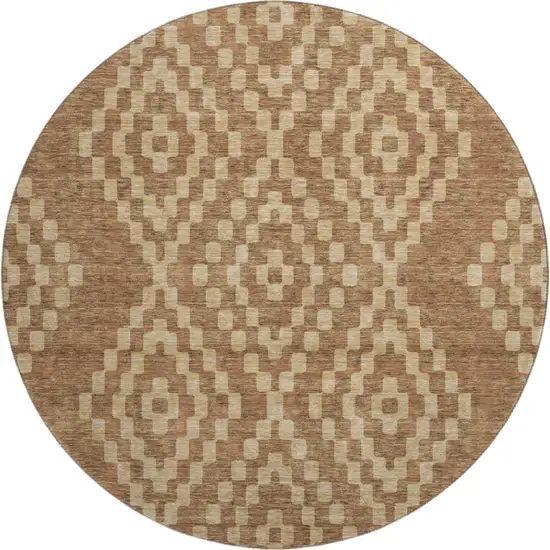 8' Rust And Copper Geometric Washable Round Rug With UV Protection Photo 1