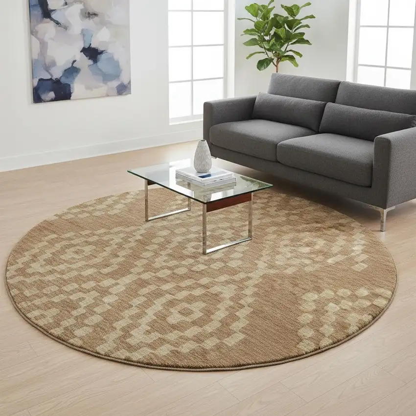 8' Rust And Copper Geometric Washable Round Rug With UV Protection Photo 2