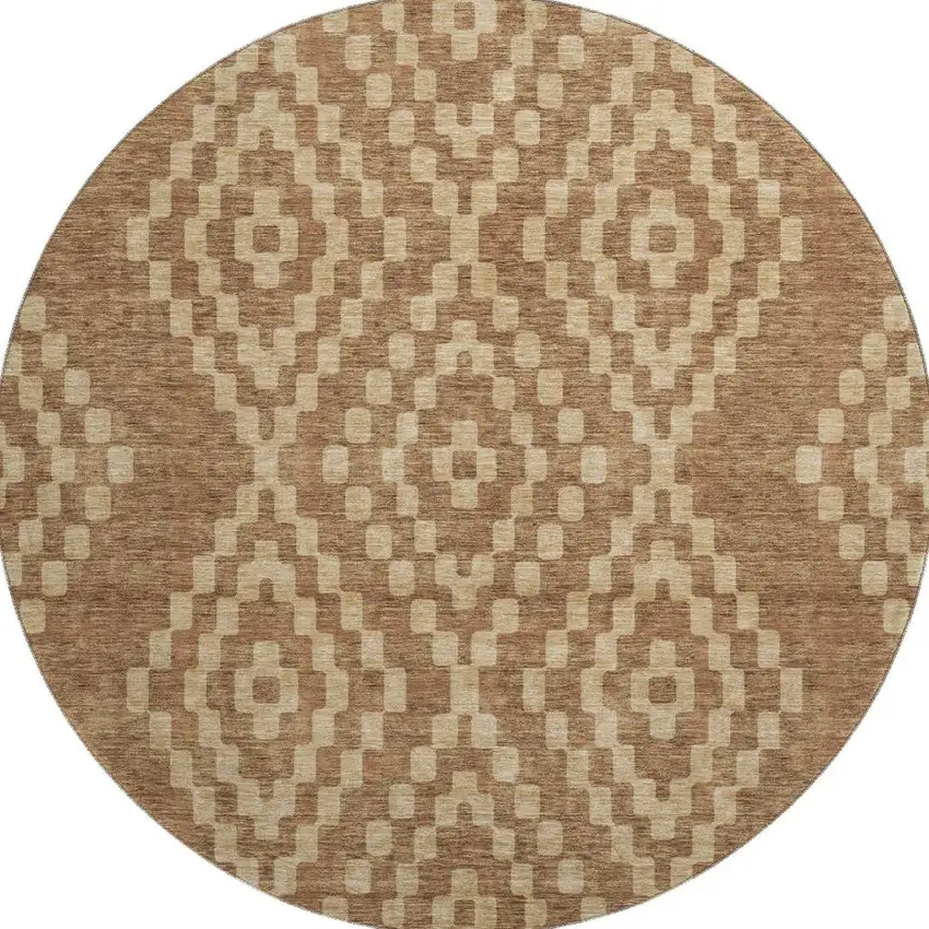 8' Rust And Copper Geometric Washable Round Rug With UV Protection Photo 4