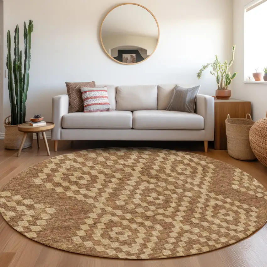 8' Rust And Copper Geometric Washable Round Rug With UV Protection Photo 5