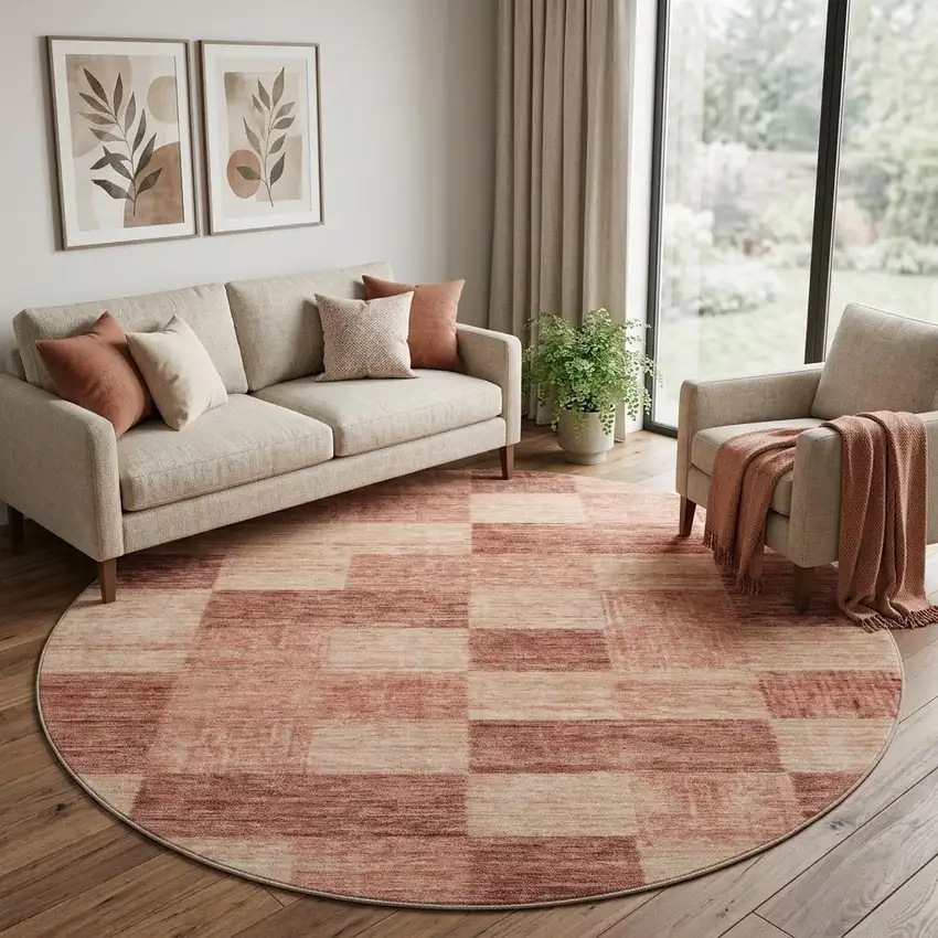 8' Rust And Copper Geometric Washable Round Rug With UV Protection Photo 1