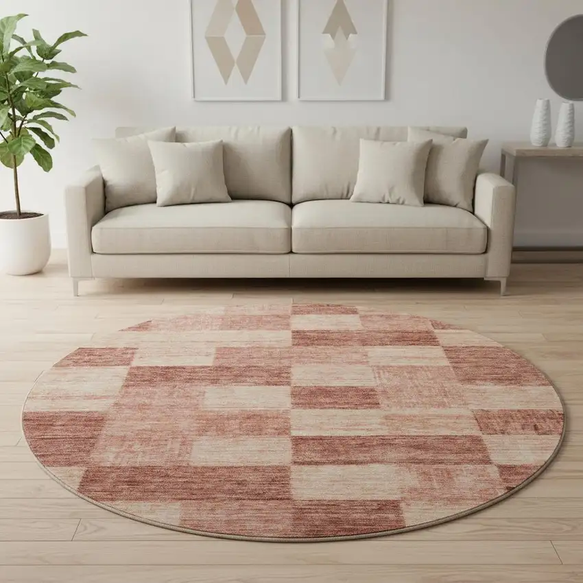 8' Rust And Copper Geometric Washable Round Rug With UV Protection Photo 2