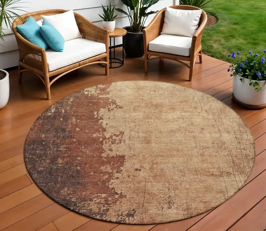 8' Rust And Copper Round Abstract Washable Indoor Outdoor Area Rug Photo 2