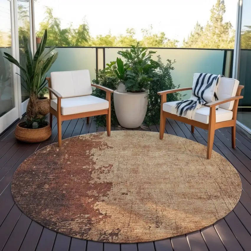 8' Rust And Copper Round Abstract Washable Indoor Outdoor Area Rug Photo 6