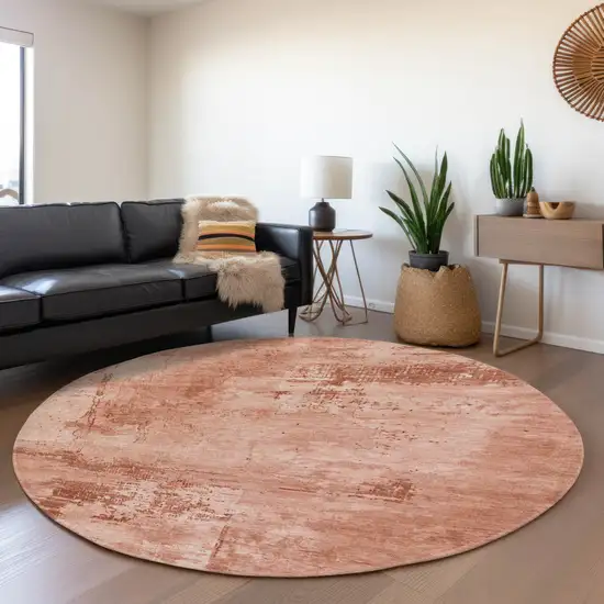 8' Rust And Coral Abstract Washable Round Rug With UV Protection Photo 4