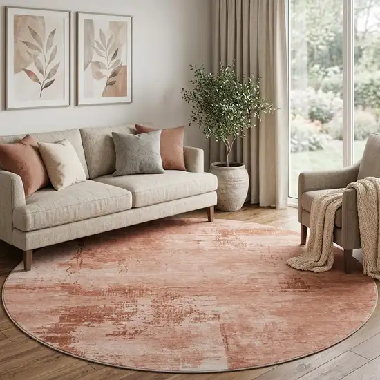8' Rust And Coral Abstract Washable Round Rug With UV Protection Photo 1