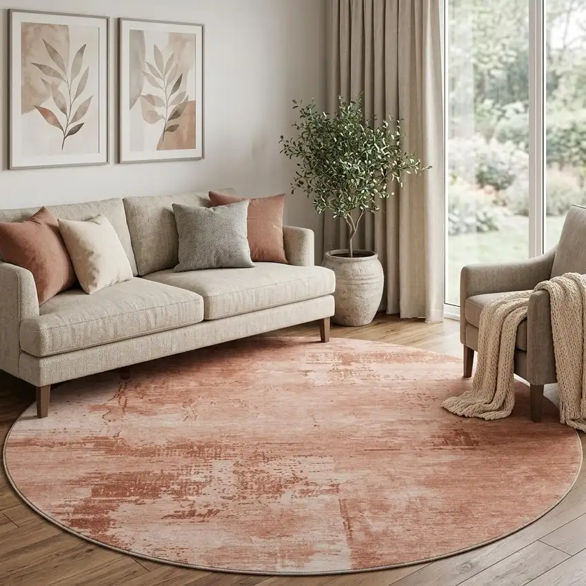 8' Rust And Coral Abstract Washable Round Rug With UV Protection Photo 1