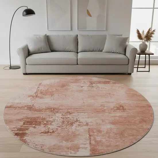 8' Rust And Coral Abstract Washable Round Rug With UV Protection Photo 2