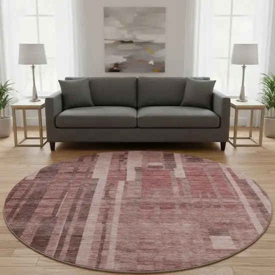 8' Rust And Coral Striped Washable Round Rug With UV Protection Photo 2