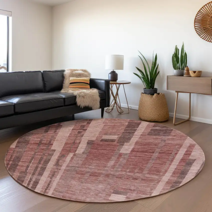 8' Rust And Coral Striped Washable Round Rug With UV Protection Photo 3
