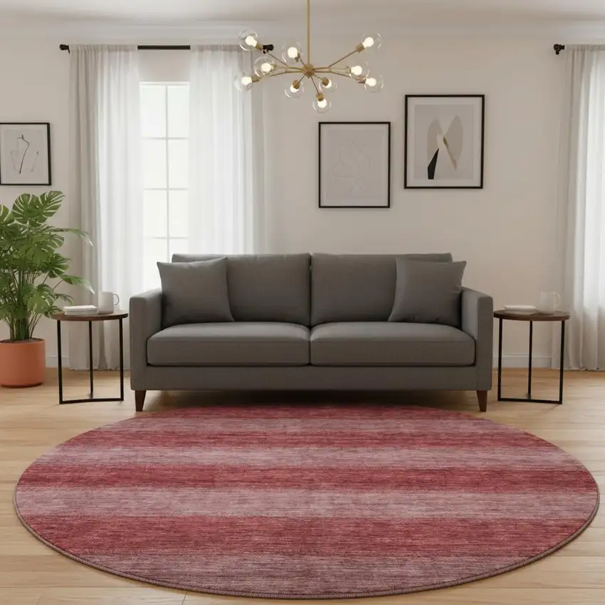 8' Rust And Coral Striped Washable Round Rug With UV Protection Photo 2