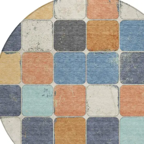 8' Rust And Denim Blue Round Geometric Washable Indoor Outdoor Area Rug Photo 4