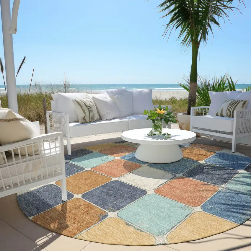 8' Rust And Denim Blue Round Geometric Washable Indoor Outdoor Area Rug Photo 6