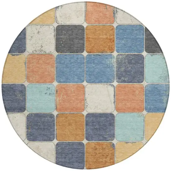 8' Rust And Denim Blue Round Geometric Washable Indoor Outdoor Area Rug Photo 3