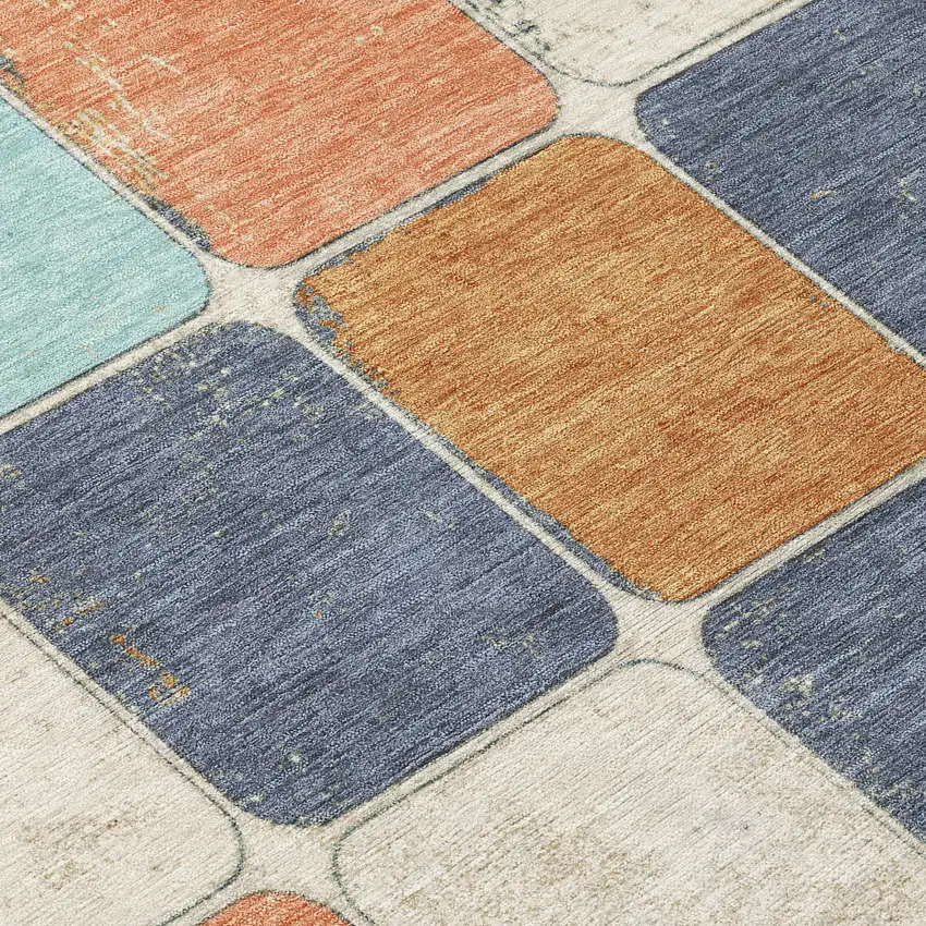 8' Rust And Denim Blue Round Geometric Washable Indoor Outdoor Area Rug Photo 8