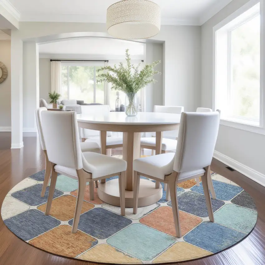 8' Rust And Denim Blue Round Geometric Washable Indoor Outdoor Area Rug Photo 7