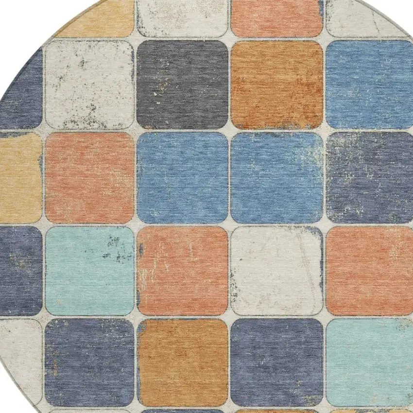 8' Rust And Denim Blue Round Geometric Washable Indoor Outdoor Area Rug Photo 9