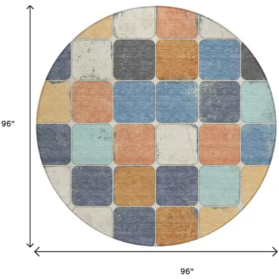 8' Rust And Denim Blue Round Geometric Washable Indoor Outdoor Area Rug Photo 9