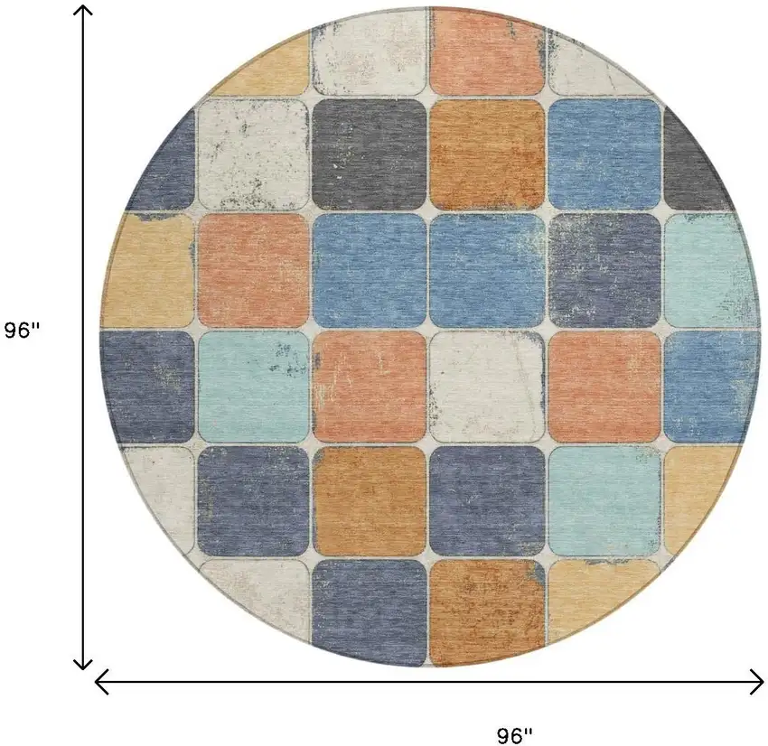 8' Rust And Denim Blue Round Geometric Washable Indoor Outdoor Area Rug Photo 9
