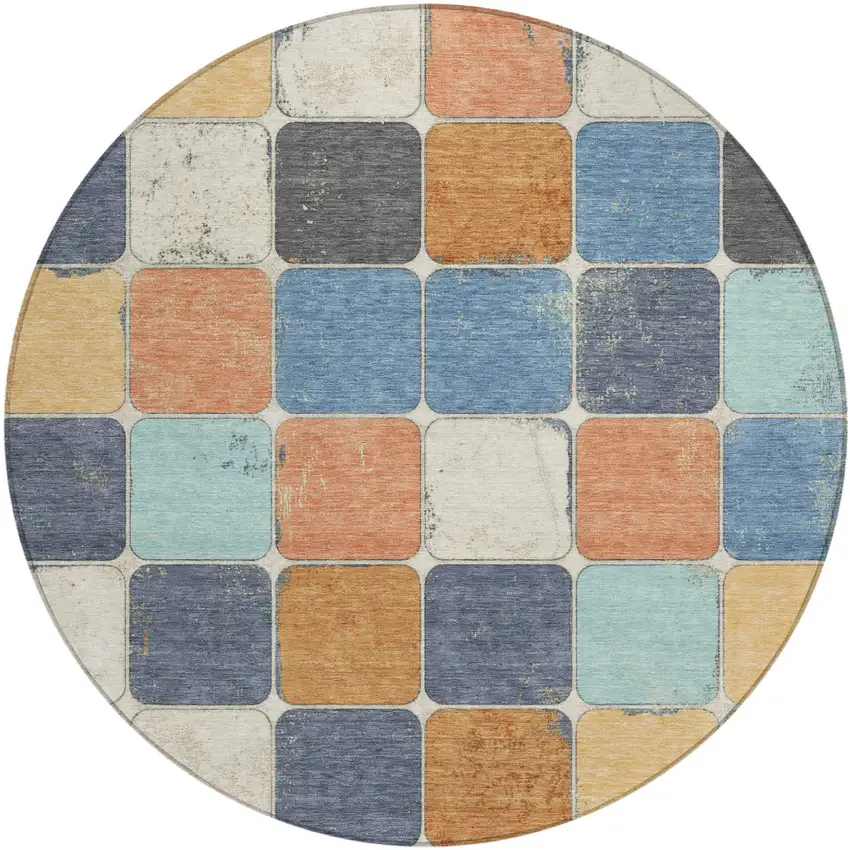 8' Rust And Denim Blue Round Geometric Washable Indoor Outdoor Area Rug Photo 1
