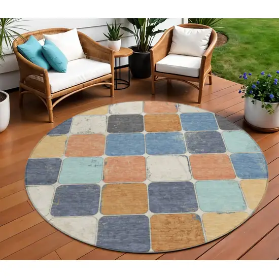 8' Rust And Denim Blue Round Geometric Washable Indoor Outdoor Area Rug Photo 2
