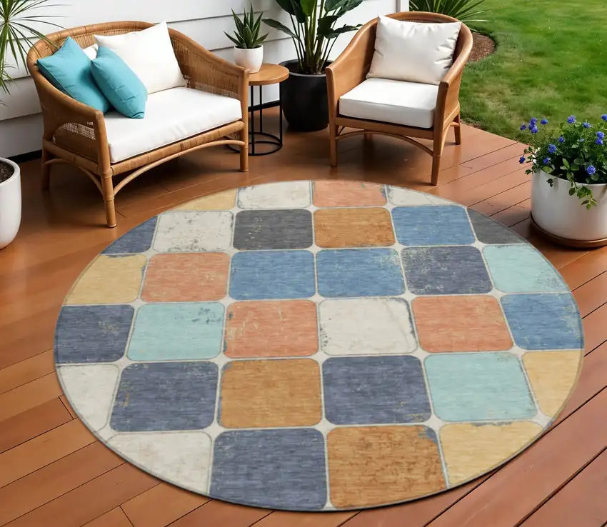 8' Rust And Denim Blue Round Geometric Washable Indoor Outdoor Area Rug Photo 2